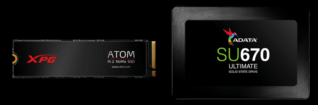 XPG ATOM 30 SSD and ADATA SU670 SSD Top View on Black Background