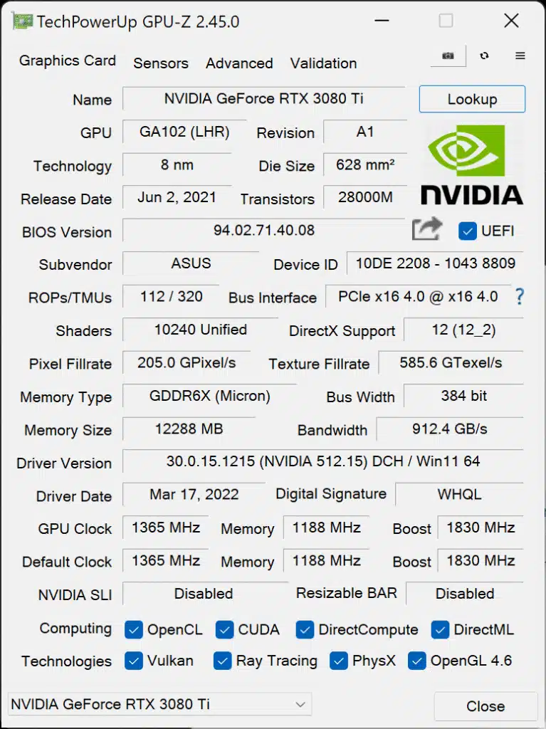 ASUS ROG STRIX LC RTX 3080 Ti O12G GAMING Review GPU-Z Default Screenshot