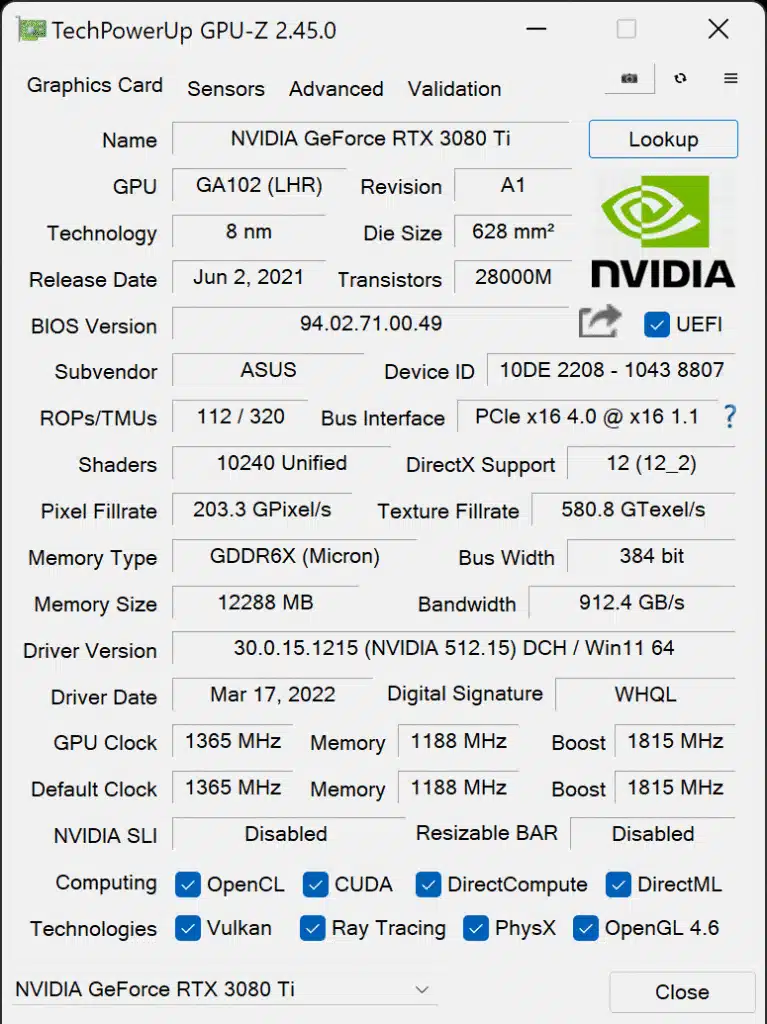 ASUS ROG STRIX GeForce RTX 3080 Ti O12G GAMING GPUz Default