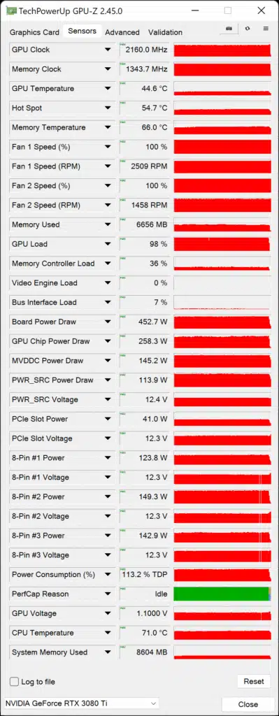 ASUS ROG STRIX LC RTX 3080 Ti O12G GAMING Review GPU-Z Sensor Data Overclocked Screenshot