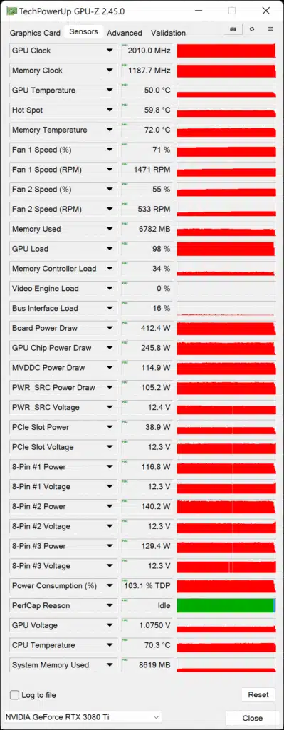 ASUS ROG STRIX LC RTX 3080 Ti O12G GAMING Review GPU-Z Sensor Data Default Screenshot