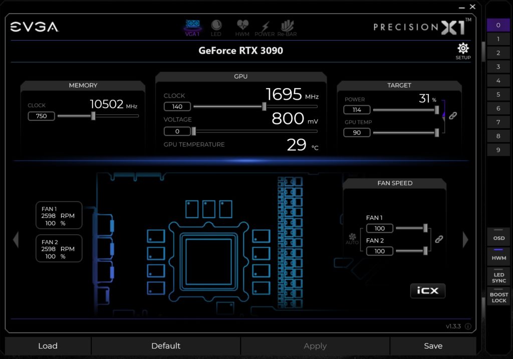 EVGA Precision X1 Software Overclock Screenshot on NVIDIA GeForce RTX 3090 Founders Edition