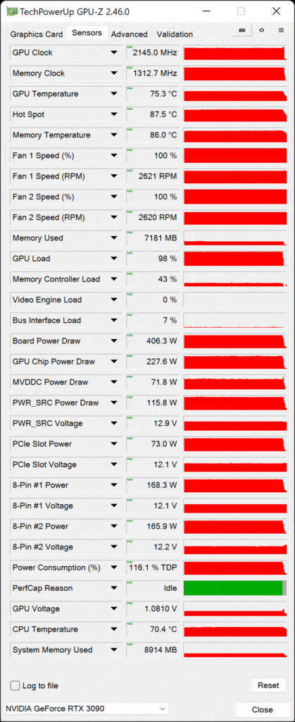 GPU-Z Sensor Data Screenshot on Overclocked NVIDIA GeForce RTX 3090 Founders Edition