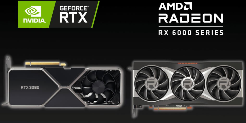 NVIDIA GeForce RTX 3080 video card and AMD Radeon RX 6800 XT video card on black background