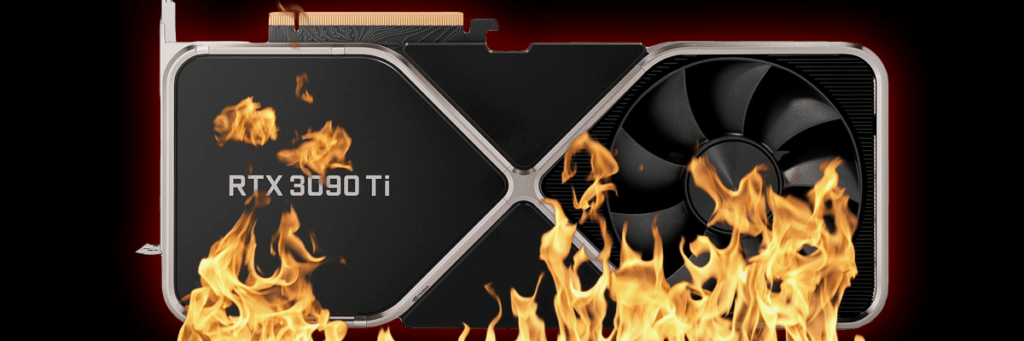 NVIDIA GeForce RTX 3090 Ti Founders Edition Video Card Back View with RTX 3090 Ti Logo on Black Background with Flames On Top