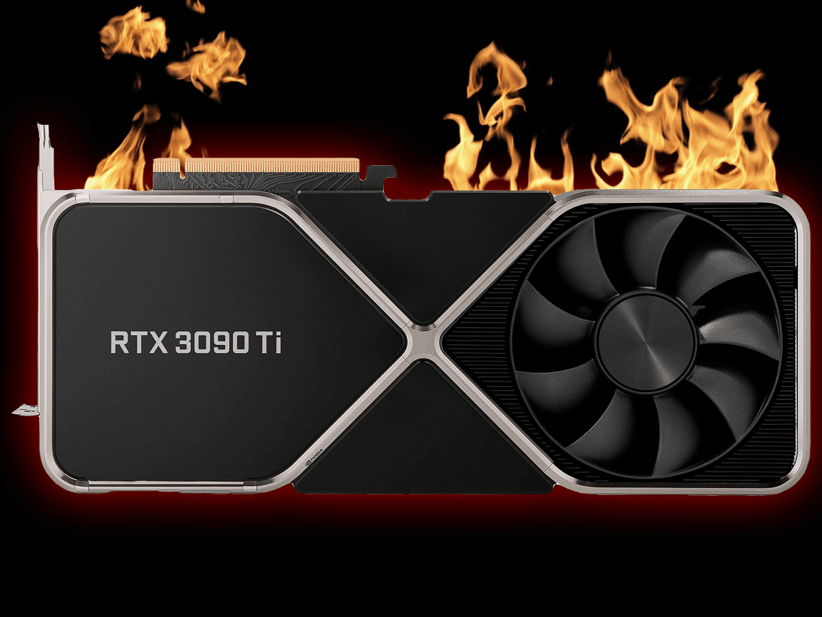 NVIDIA GeForce RTX 3090 Ti Founders Edition Video Care back view with RTX 3090 Ti Logo on Black Background with Flames Coming out the top