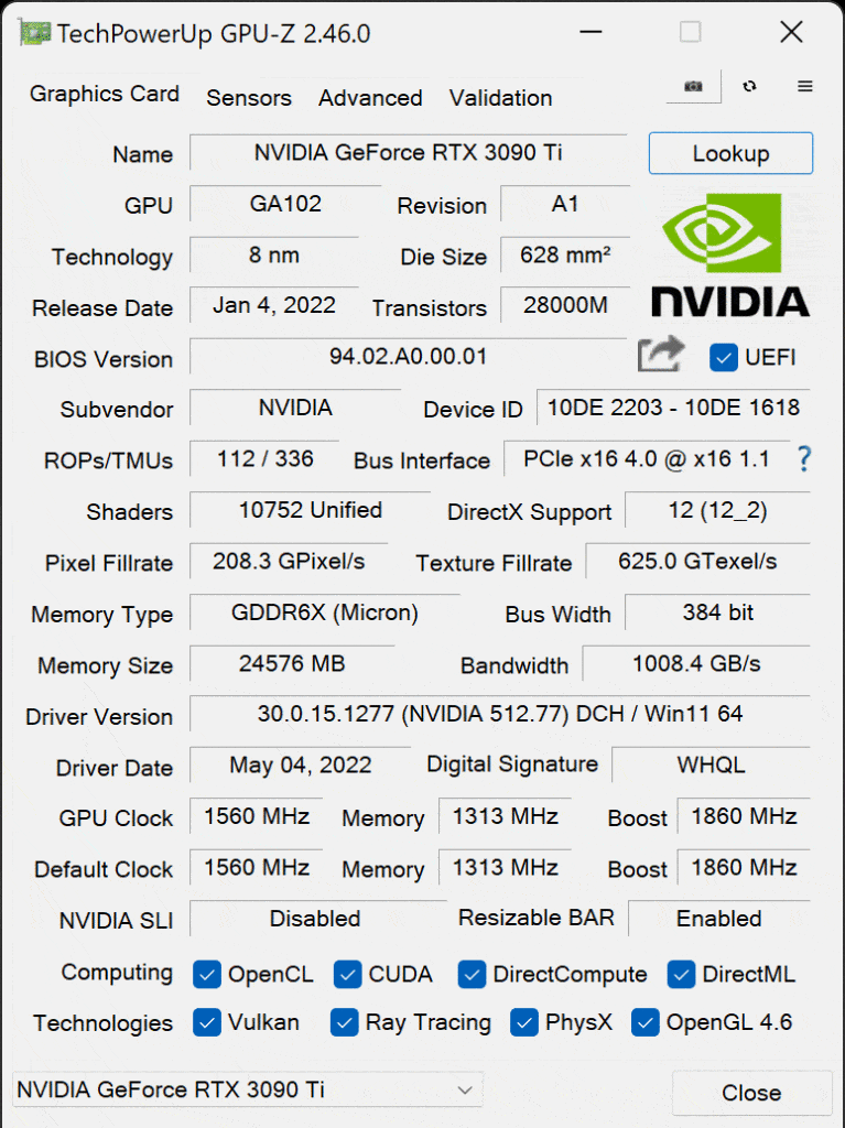 NVIDIA GeForce RTX 3090 Ti Founders Edition Video Card GPU-Z Screenshot