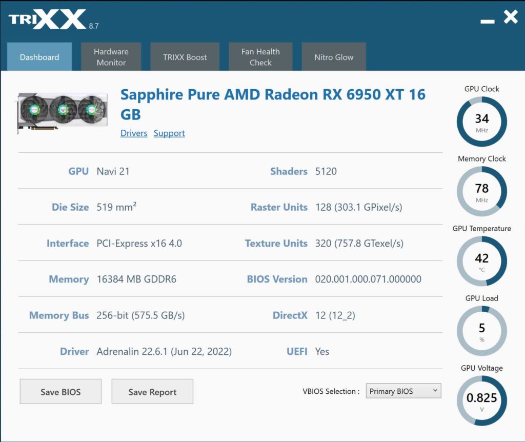 SAPPHIRE NITRO+ AMD Radeon RX 6950 XT PURE SAPPHIRE TRIXX Software Screenshot