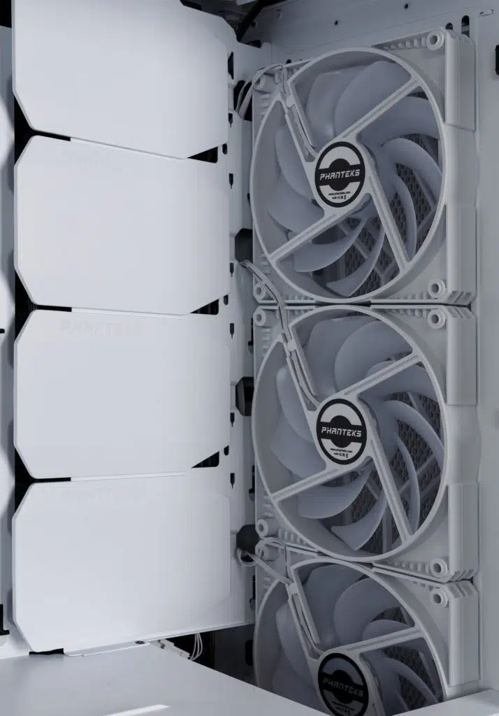 Phanteks P600s Matte White front inside showing fans