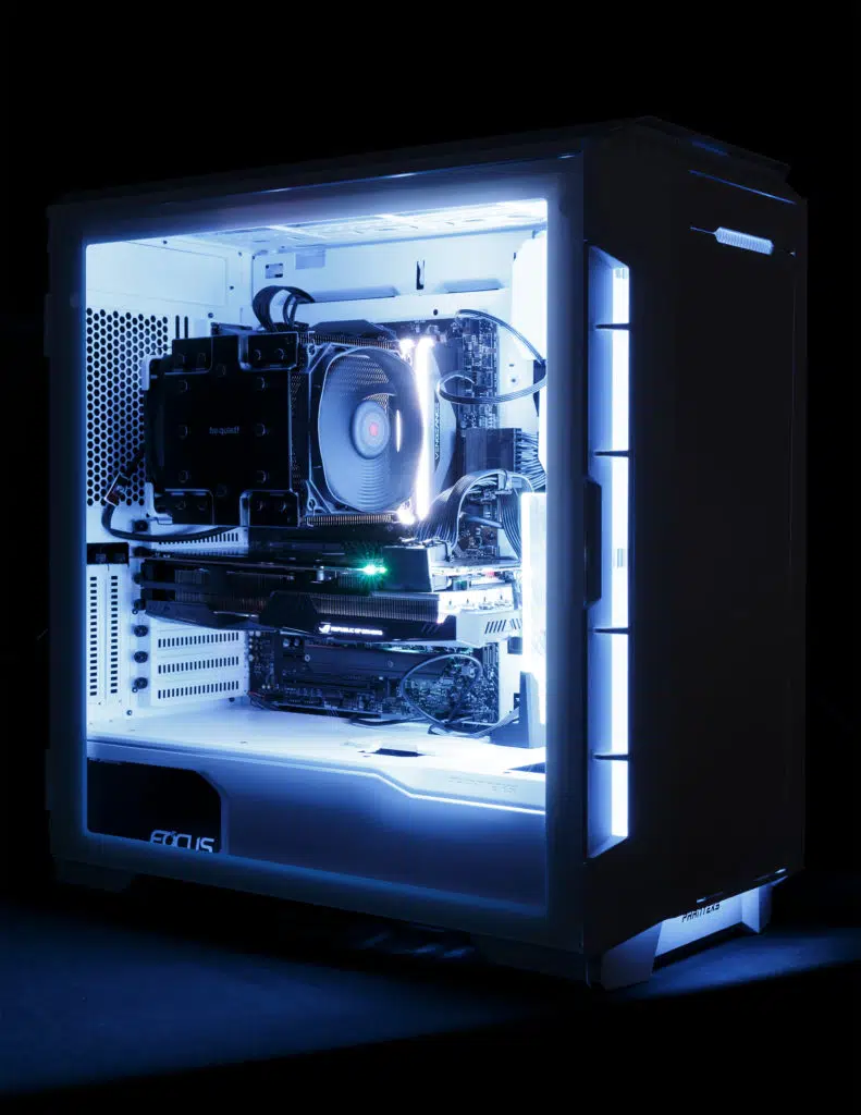 Phanteks P600s Matte White front left lit up with horizontal GPU configuration