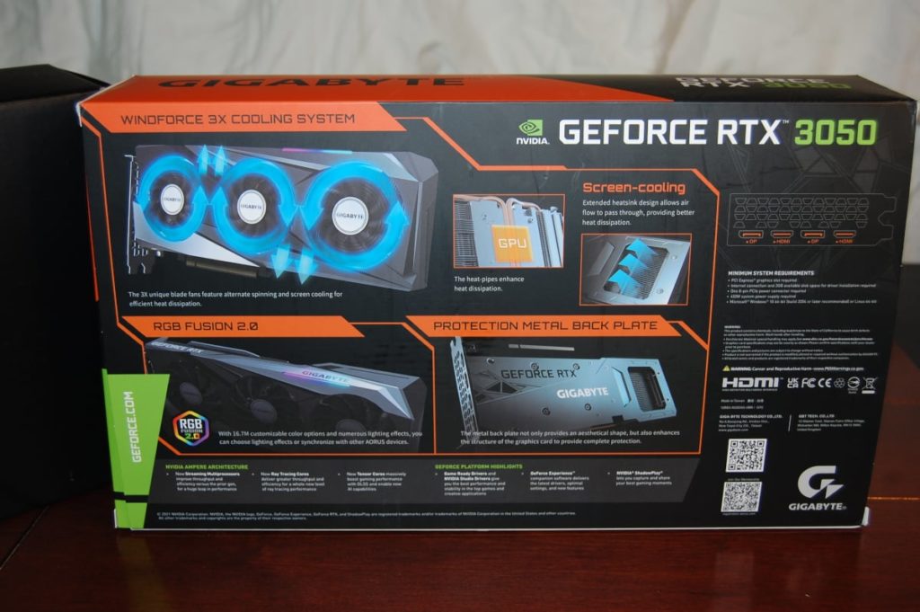 GIGABYTE GeForce RTX 3050 Gaming OC 8G Video Card box rear