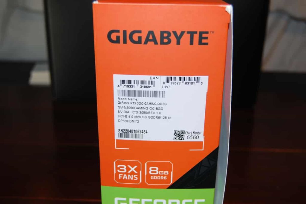 GIGABYTE GeForce RTX 3050 Gaming OC 8G Video Card box label