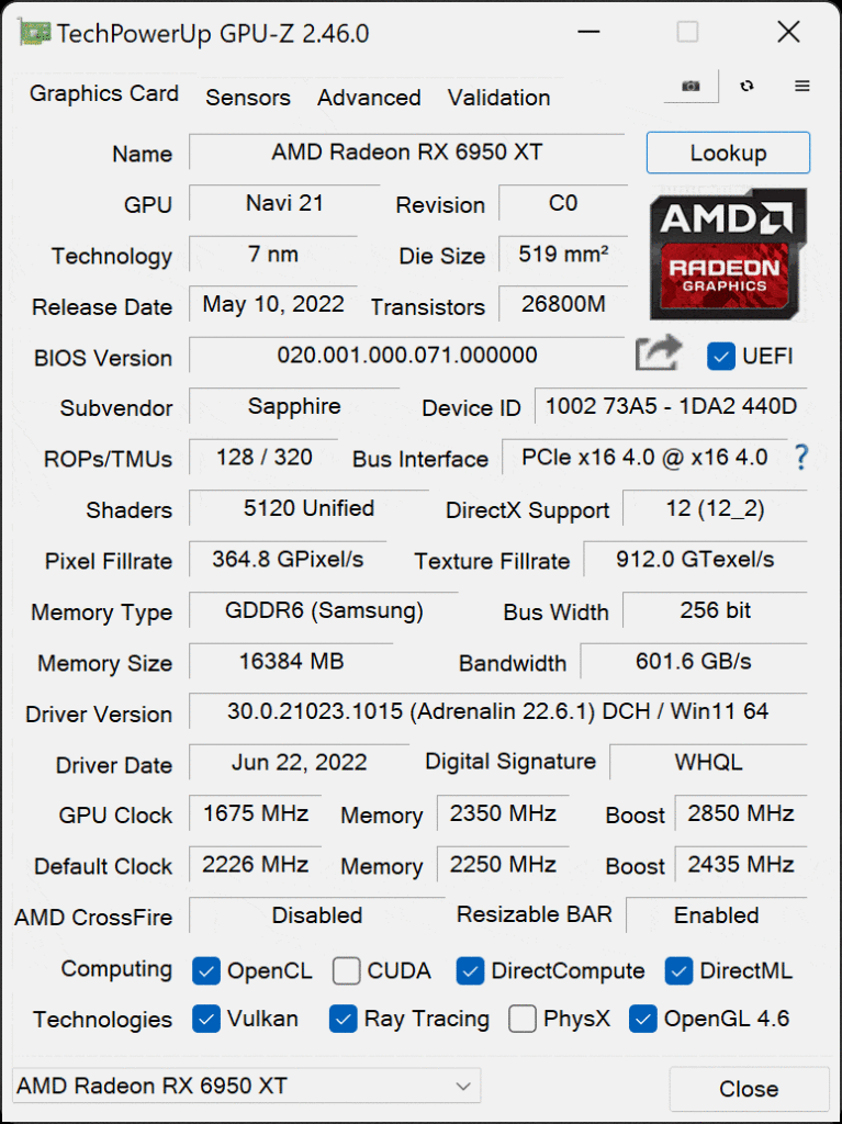 SAPPHIRE NITRO+ AMD Radeon RX 6950 XT PURE GPU-Z Overclocked