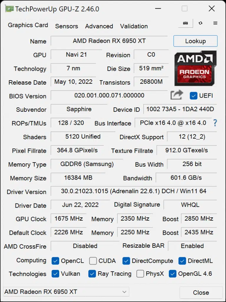 SAPPHIRE NITRO+ AMD Radeon RX 6950 XT PURE GPU-Z Overclocked