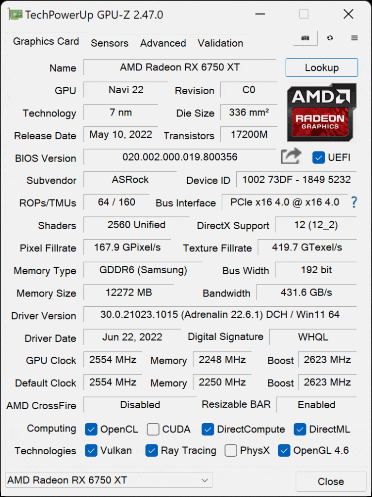 ASRock Radeon RX 6750 XT Phantom Gaming D GPU-Z Default