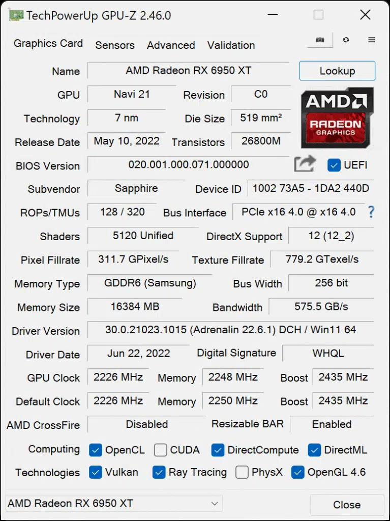SAPPHIRE NITRO+ AMD Radeon RX 6950 XT PURE GPU-Z Secondary OC BIOS