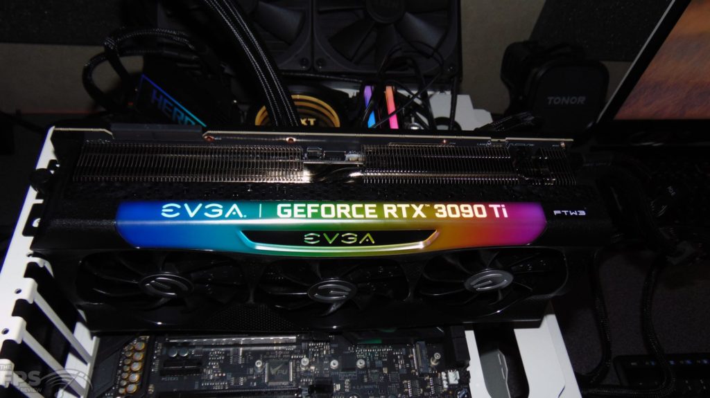 EVGA GeForce RTX 3090 Ti FTW3 Ultra Gaming video card installed in computer rgb top