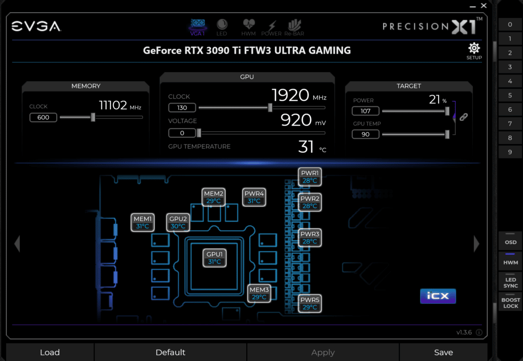EVGA GeForce RTX 3090 Ti FTW3 Ultra Gaming Review EVGA Precision X1 iCX Screenshot