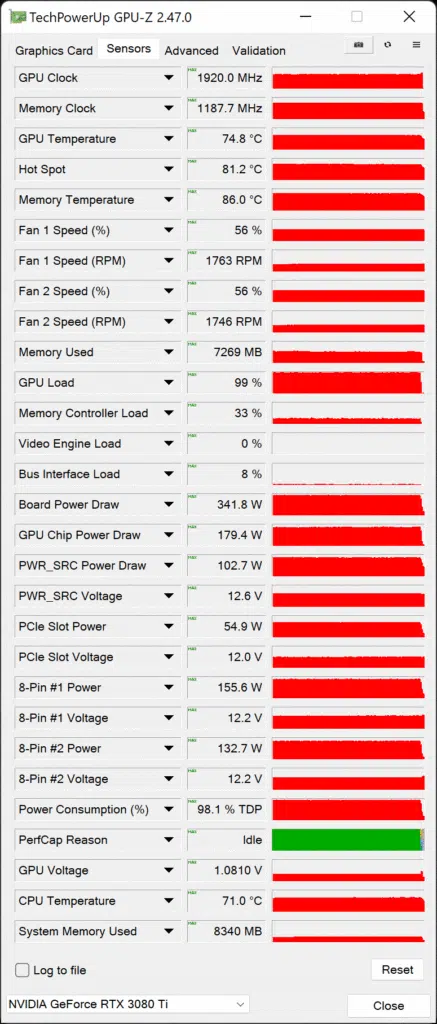 MSI GeForce RTX 3080 Ti VENTUS 3X 12G OC Video Card Review GPU-Z Sensor Data Default