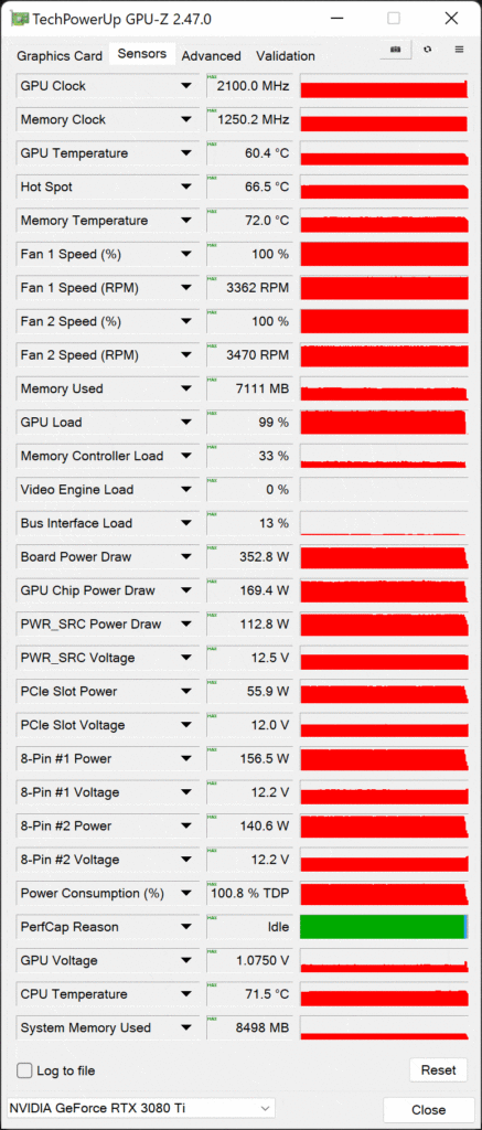 MSI GeForce RTX 3080 Ti VENTUS 3X 12G OC Video Card Review GPU-Z Overclocked Sensor Data Screenshot