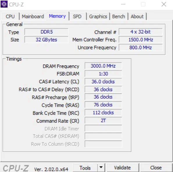 CORSAIR VENGEANCE DDR5 32GB (2x16GB) 6000MHz Memory stock CPUZ memory tab