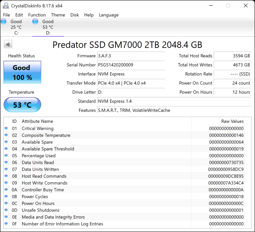 Acer Predator GM7000 2TB Gen4 x4 M.2 SSD CrystalDiskInfo Screenshot
