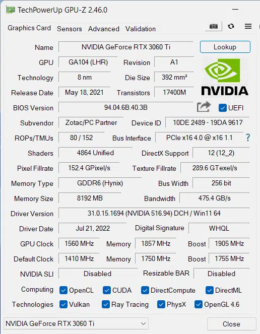 Zotac GAMING GeForce RTX 3060TI AMP-GPU-Z data, overclocked