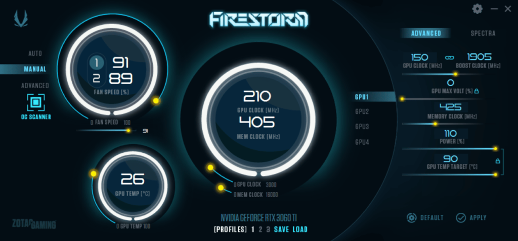 Zotac GAMING GeForce RTX 3060TI AMP- Firestorm software screenshot