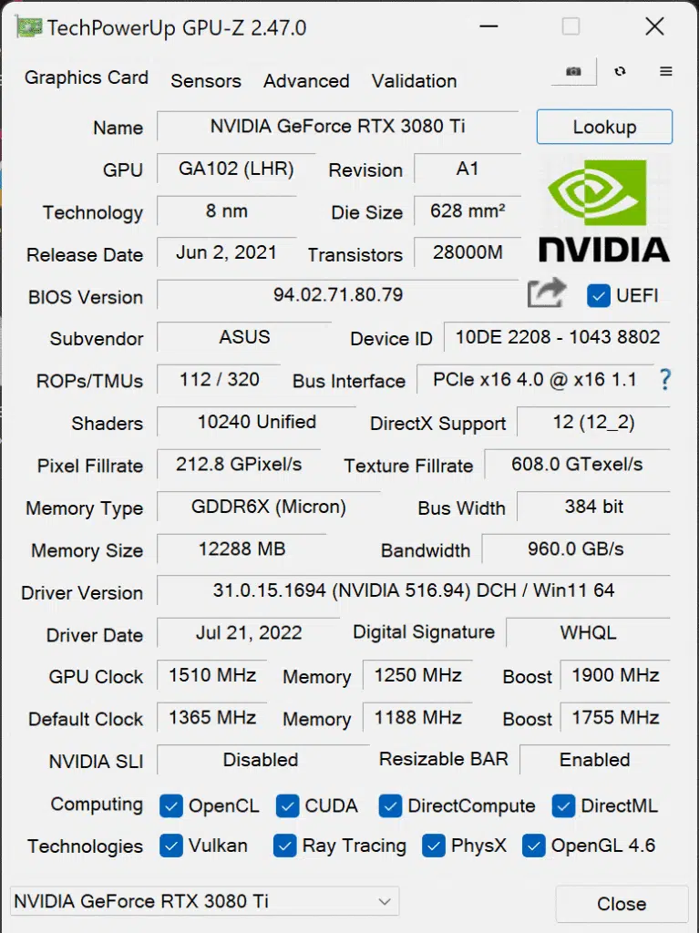 ASUS TUF Gaming GeForce RTX 3080 Ti OC Edition Video Card Overclocked GPUz Screenshot