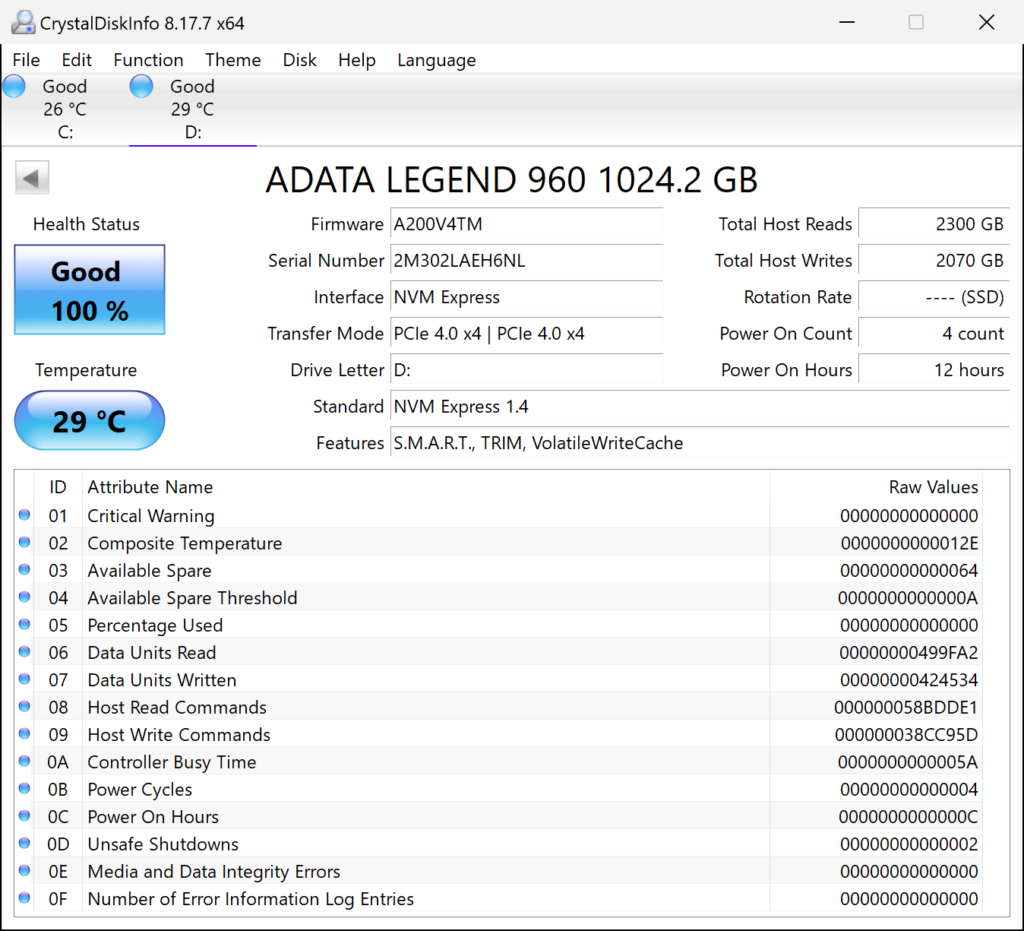 ADATA LEGEND 960 1TB Gen4 x4 M.2 SSD CrystalDiskInfo
