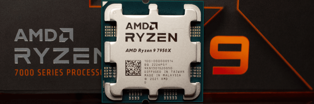AMD Ryzen 9 7950X CPU Top View with Box in Background