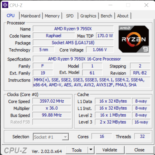 AMD Ryzen 9 7950X CPU CPU-Z Screenshot