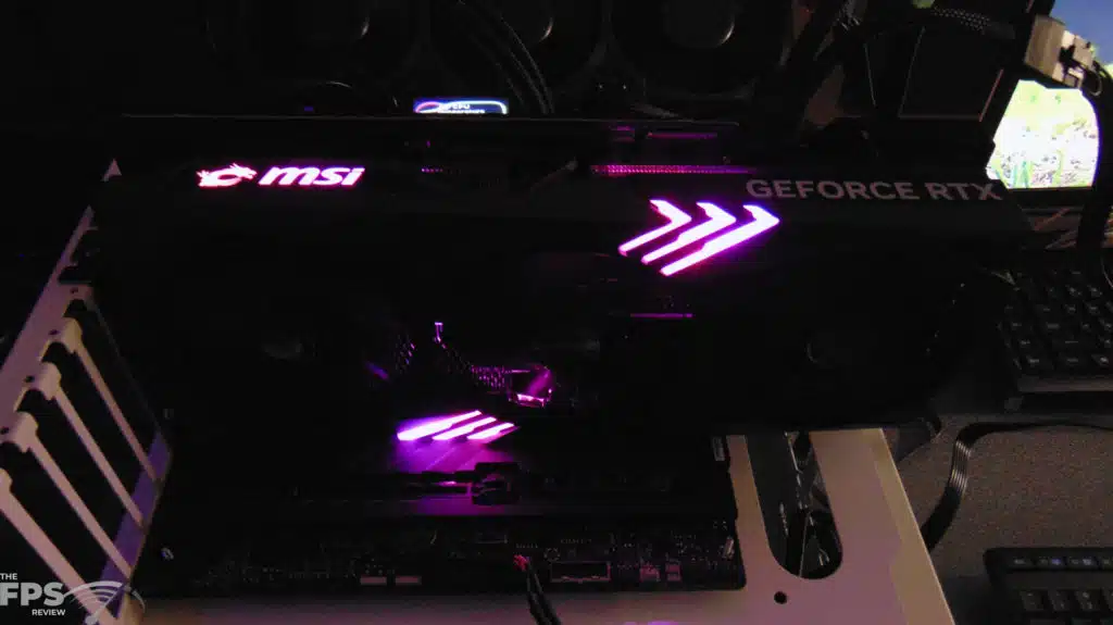 MSI GeForce RTX 4080 16GB GAMING X TRIO installed in computer RGB top view