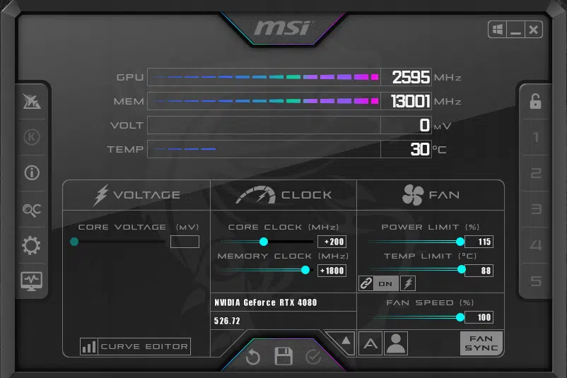 MSI GeForce RTX 4080 16GB GAMING X TRIO MSI Afterburner Overclocked Screenshot