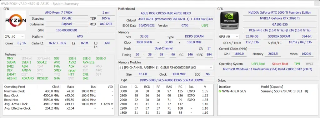 AMD Ryzen 7 7700X CPU HWiNFO64 Screenshot