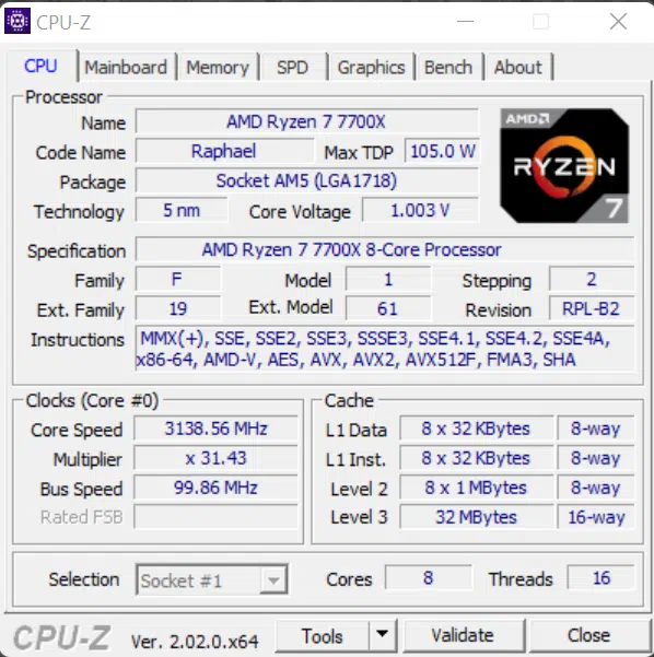AMD Ryzen 7 7700X CPU CPU-Z Screenshot