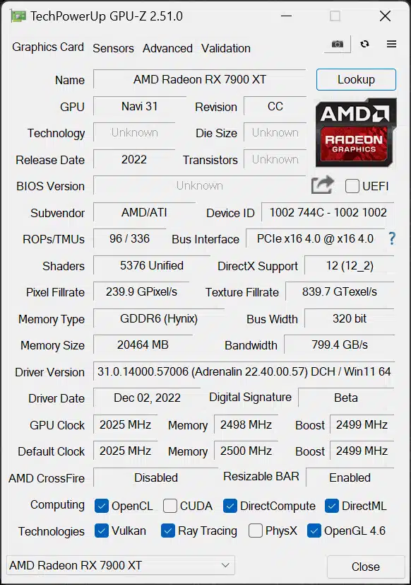 AMD Radeon RX 7900 XT Video Card GPU-Z Screenshot