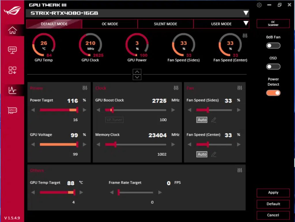 ASUS ROG Strix RTX4080 O16G OC Edition: GPU Tweak III settings