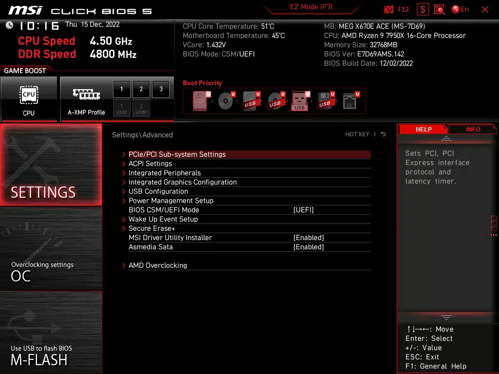 MSI MEG X670E ACE BIOS Screenshot
