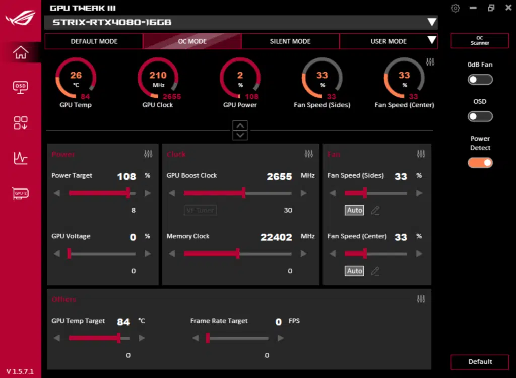 ASUS ROG Strix GeForce RTX 4080 OC Edition: GPU Tweak III settings, OC mode