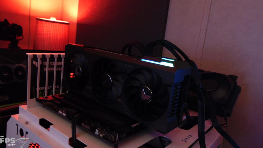 ASUS TUF Gaming GeForce RTX 4070 Ti 12GB OC Edition Installed in Computer Angled View in the Dark RGB