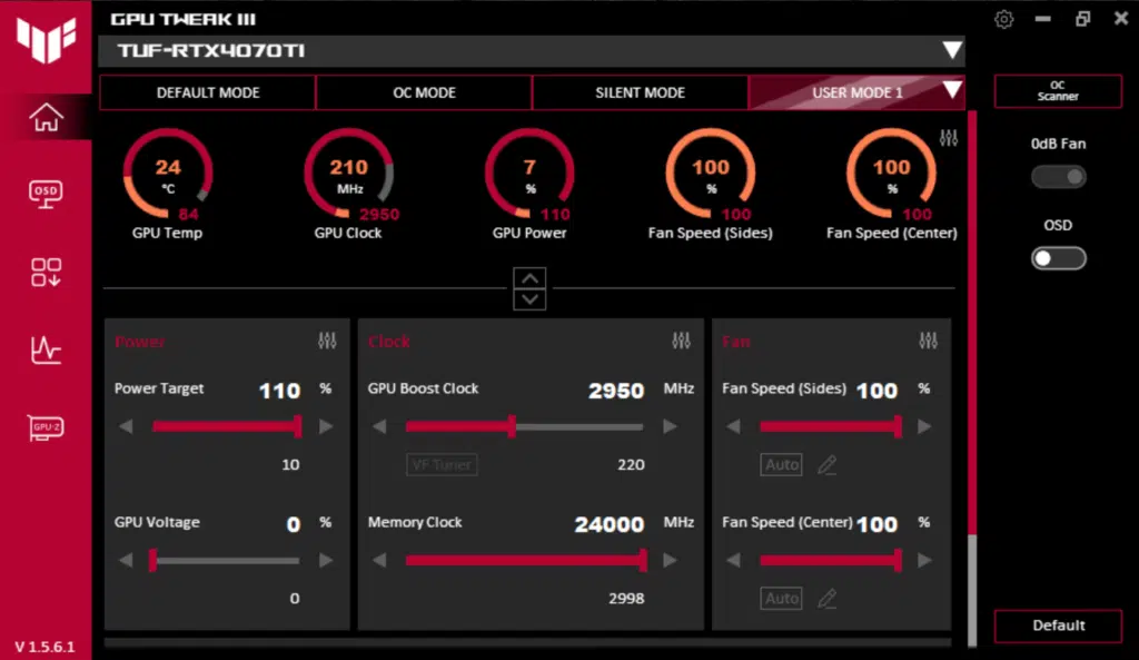 ASUS TUF Gaming GeForce RTX 4070 Ti 12GB OC Edition Overclock GPU Tweak III Screenshot