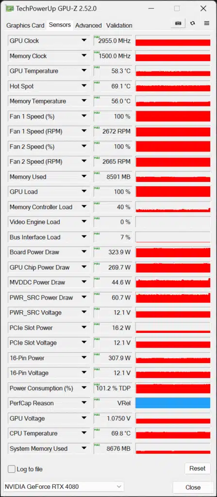 Screenshot of GPU-Z Sensors Data of Overclocked NVIDIA GeForce RTX 4080 Founders Edition