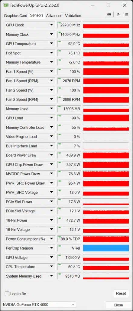 NVIDIA GeForce RTX 4090 Founders Edition Overclocked GPU-Z Sensors