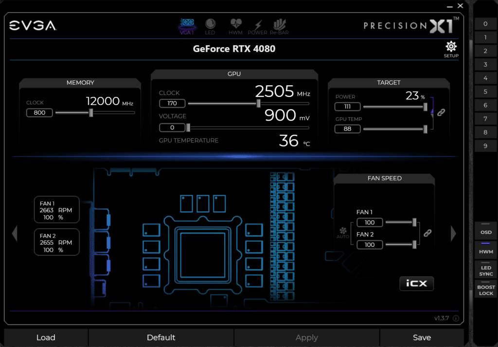 Screenshot of EVGA Precision X1 Overclock with NVIDIA GeForce RTX 4080 Founders Edition