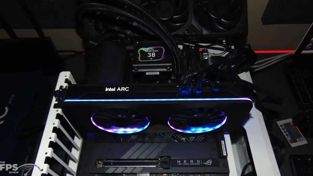 Intel Arc A770 16GB Limited Edition Video Card Installed in Compute with RGB in the dark