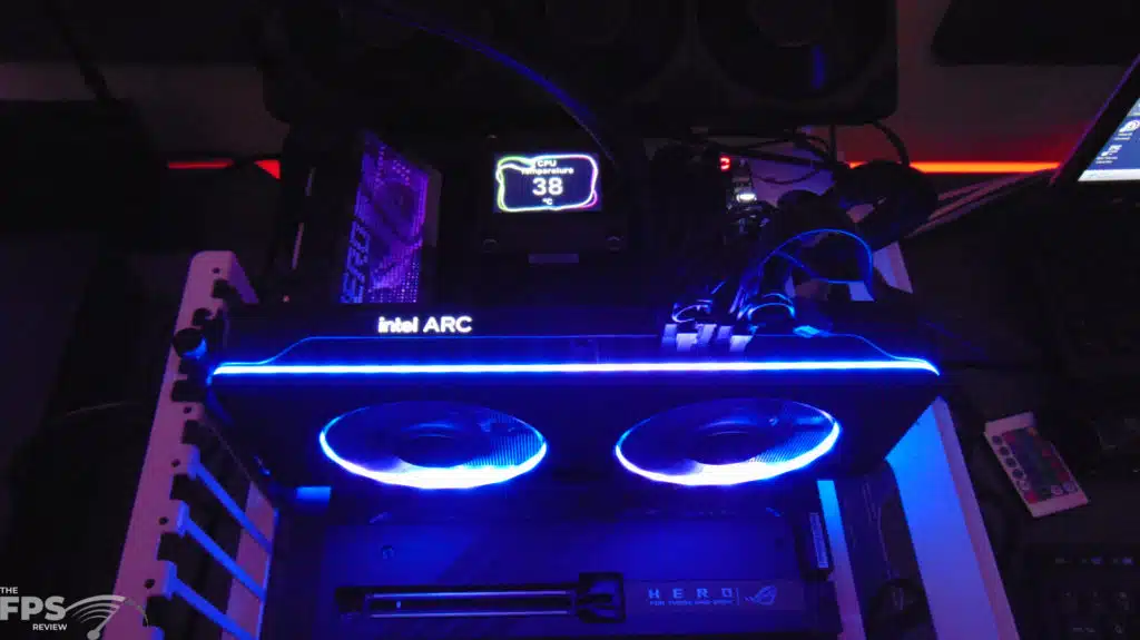 Intel Arc A770 16GB Limited Edition Video Card Installed in Compute with RGB in the dark