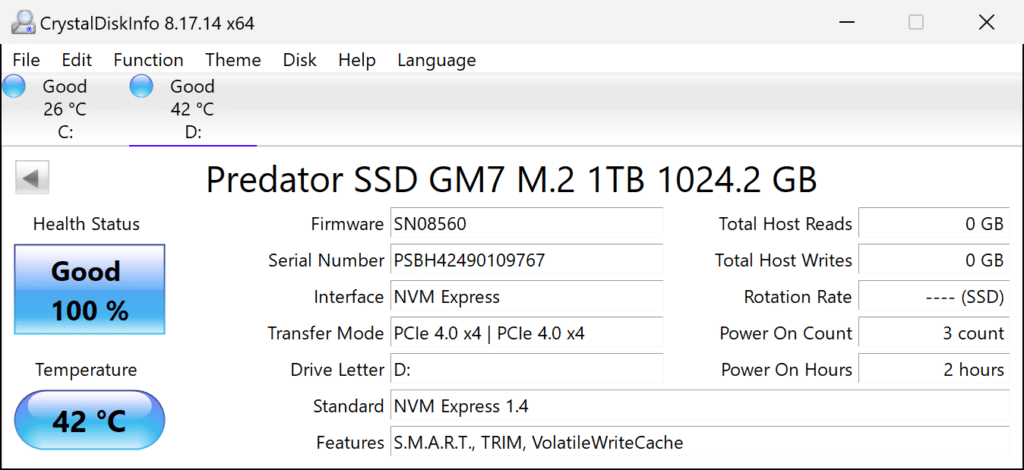 Acer Predator 1TB Gen4 x4 M.2 SSD CrystalDiskInfo Screenshot