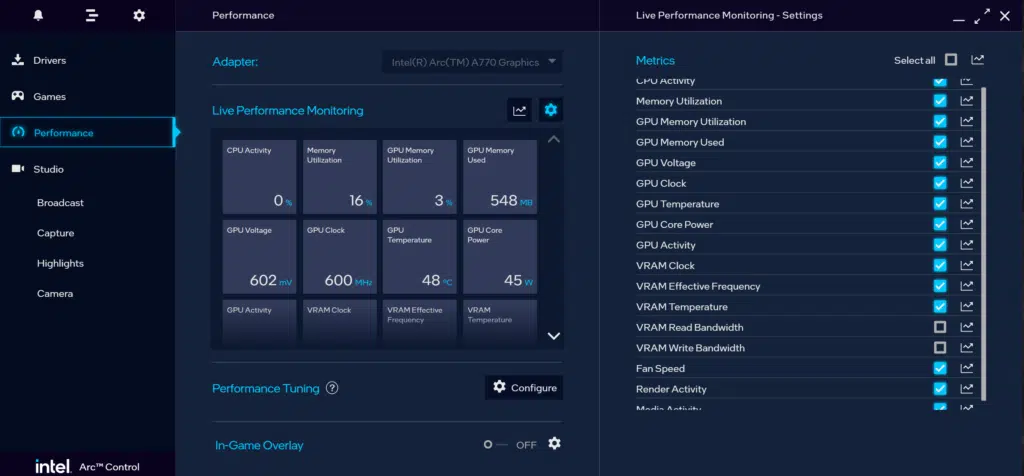 Intel Arc Control Screenshot