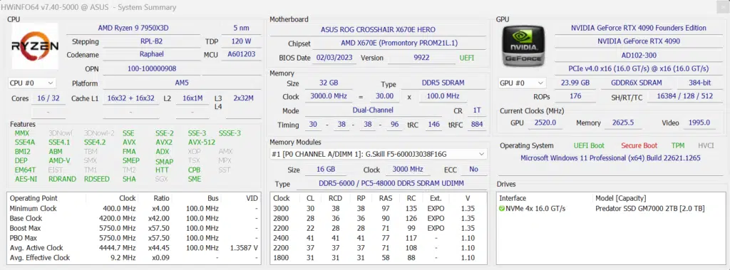 AMD Ryzen 9 7950X3D HWiNFO64 Summary Screenshot